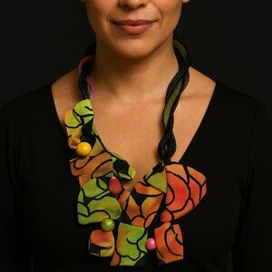 Nita Angeletti Artisan Modernist OOAK FALL LEAVES NECKLACE citrus orange, green